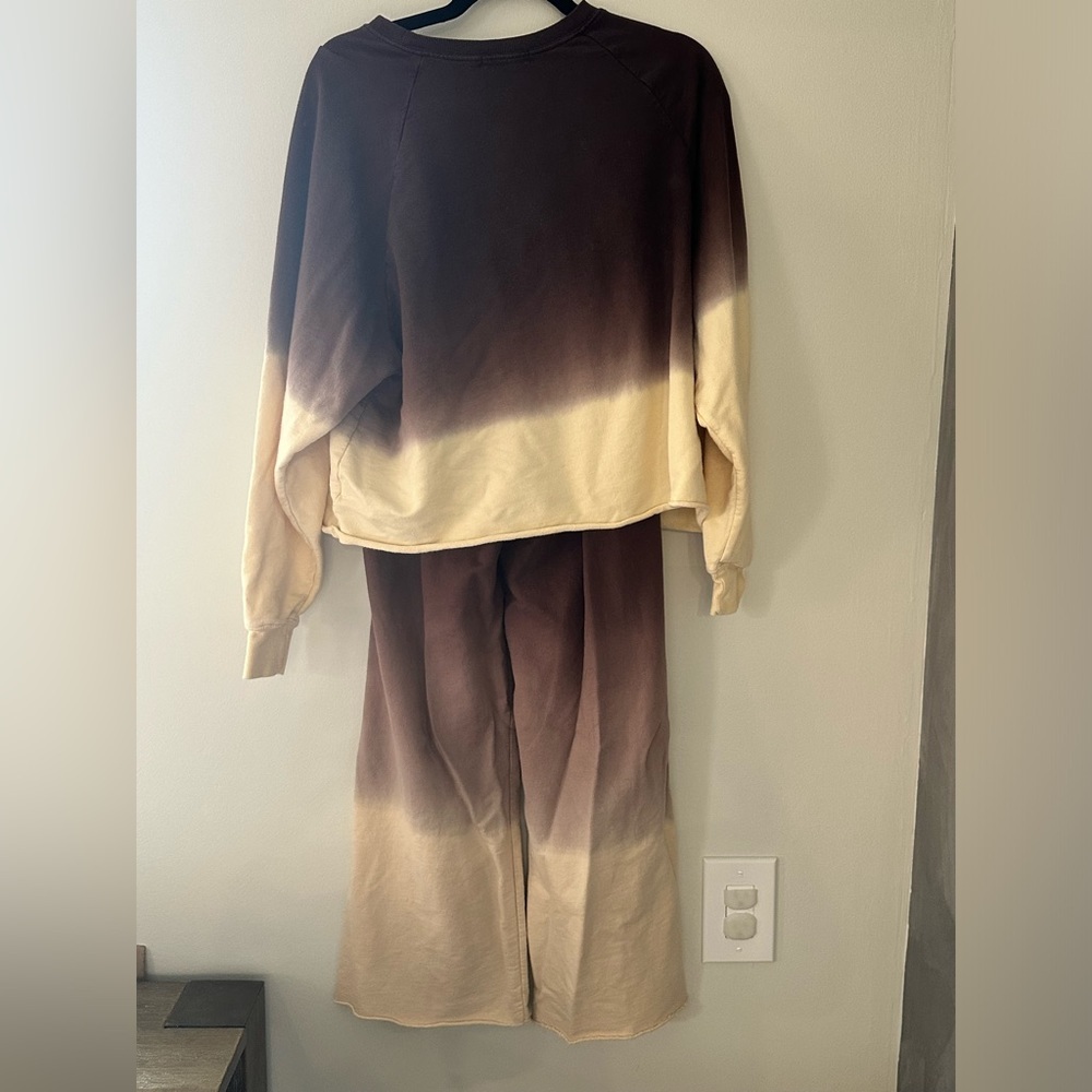 Zenana Tie Dye French Terry Long Sleeve Top Wide Leg Lounge Pants small brown